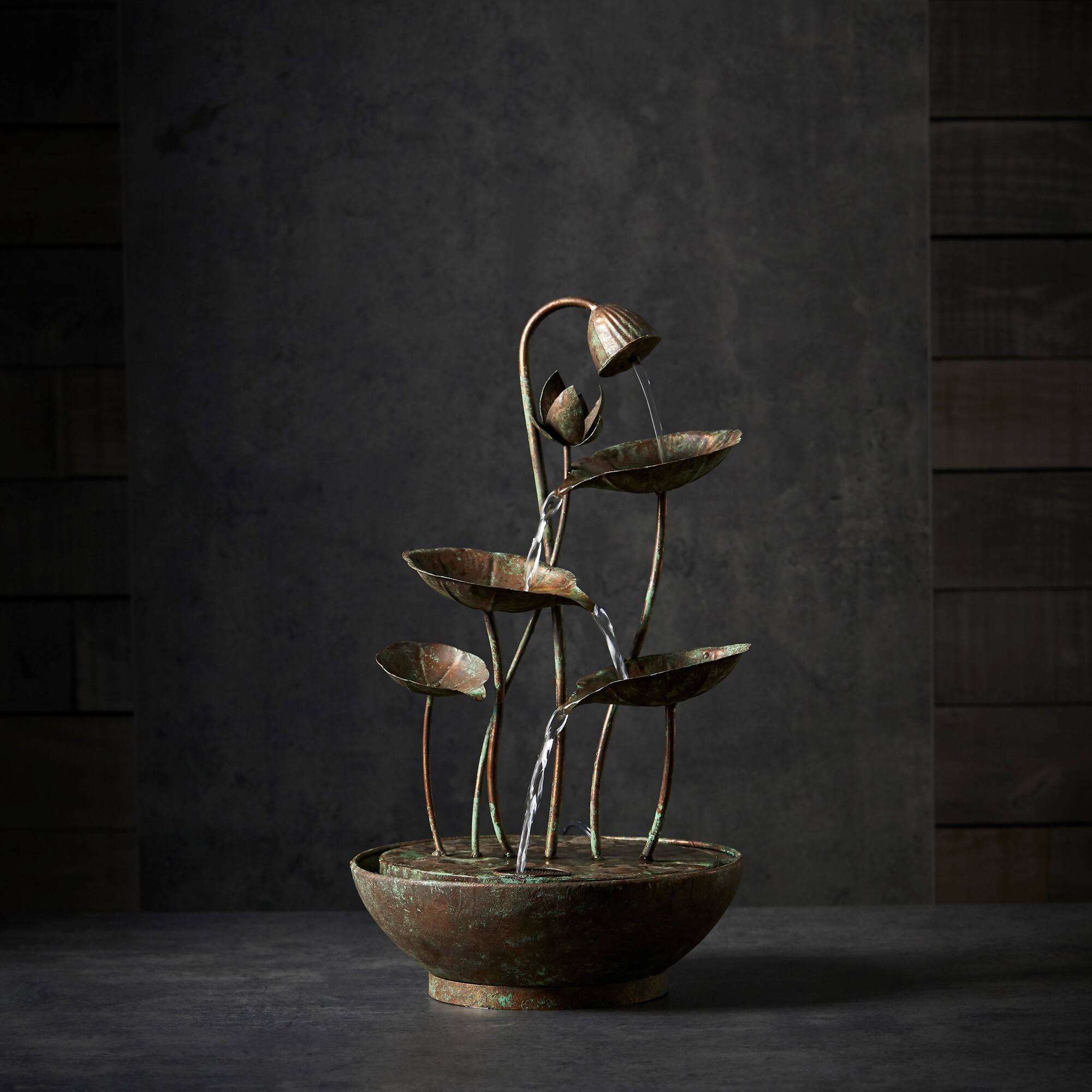 19.5" Rustic Metal Lotus Leaf Fountain